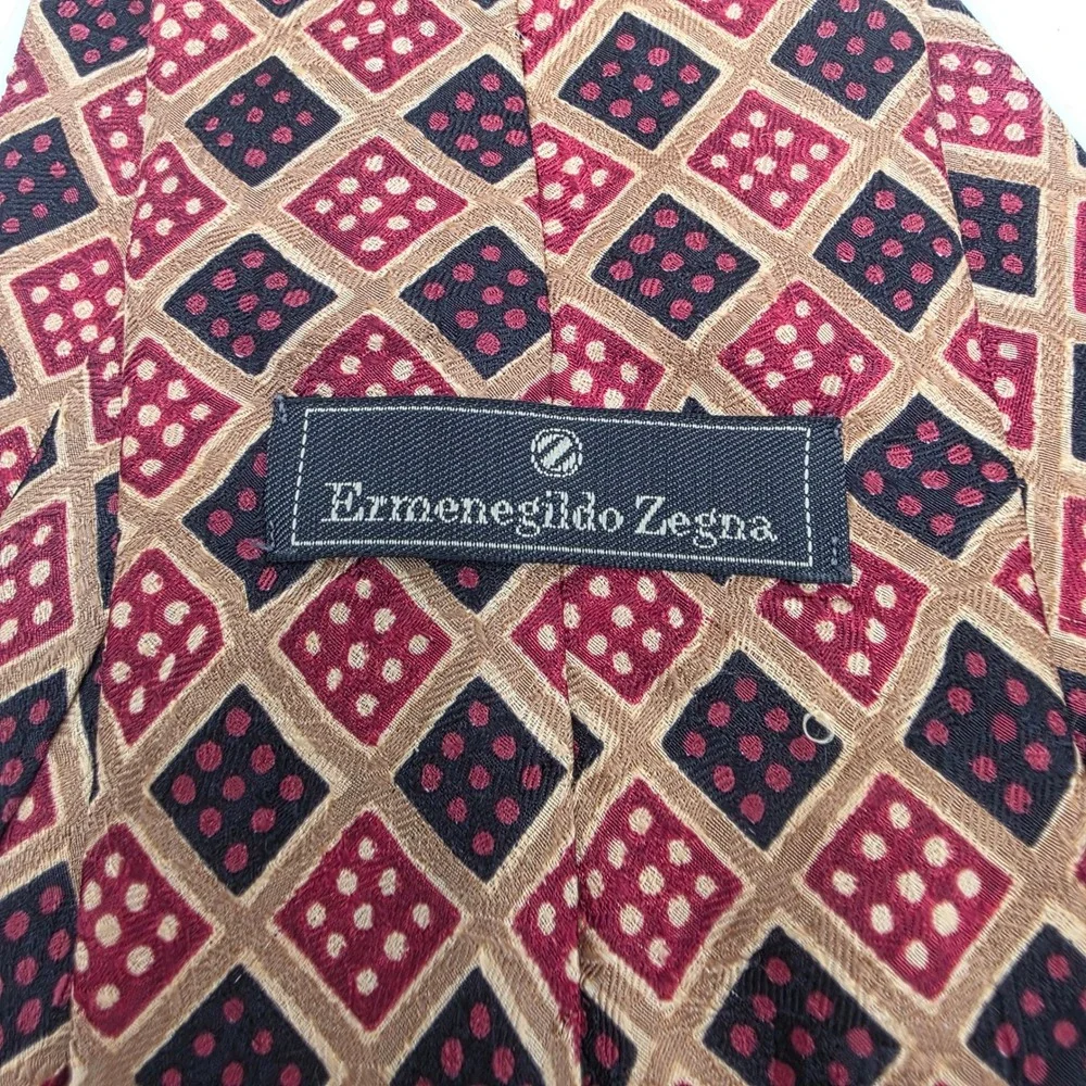Ermenegildo Zegna Silk Tie Burgundy Gold Navy Geometric Diamond Made in Italy